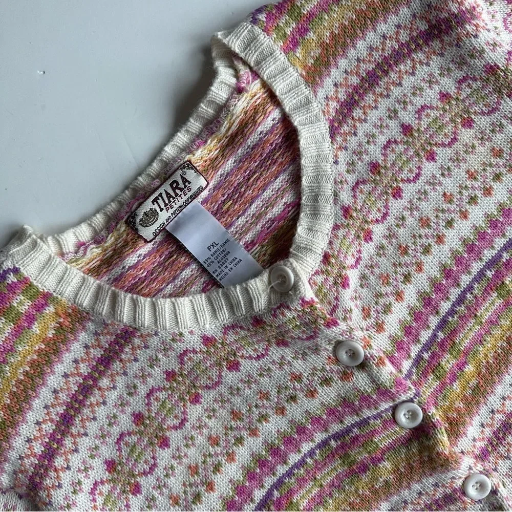 VTG Tiara Cardigan Sweater Fair Isle Pockets Cottagecore Cream Size‎ Petite XL - Picture 4 of 12
